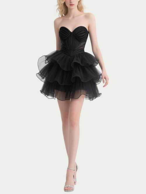 Black Strapless Tulle Tiered Party Dress with Sheer Bodice