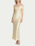 Light Yellow Off Shoulder Satin Gown Formal Maxi Evening Dress