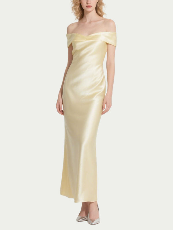Light Yellow Off Shoulder Satin Gown Formal Maxi Evening Dress