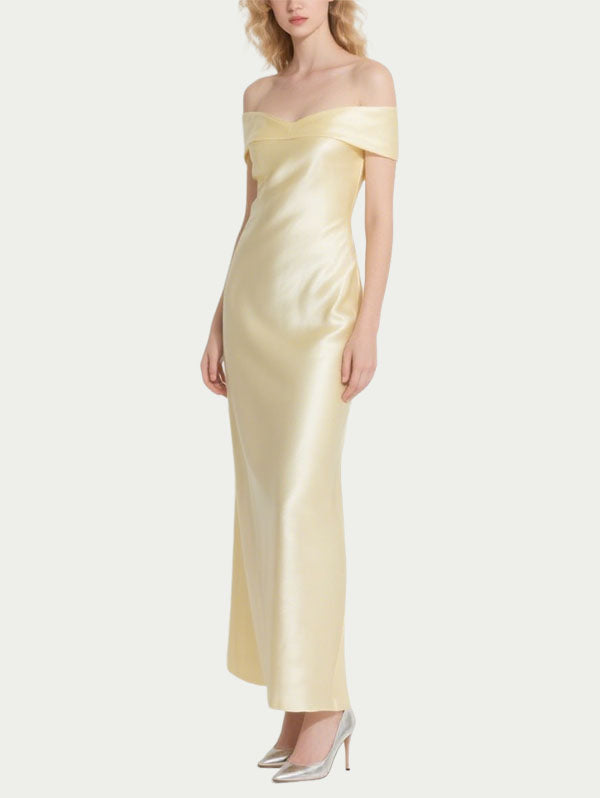 Light Yellow Off Shoulder Satin Gown Formal Maxi Evening Dress