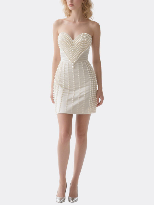 White Pearl Embellished Strapless Mini Dress