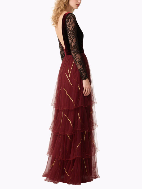 Burgundy Velvet & Lace Gown Tiered Evening Dress