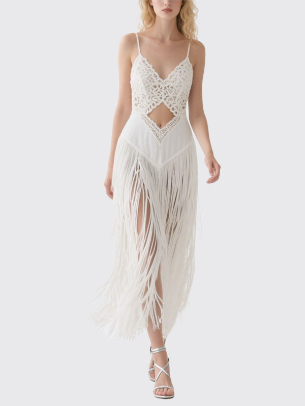 White Crochet Fringe Slit Maxi Dress Boho Summer Dress
