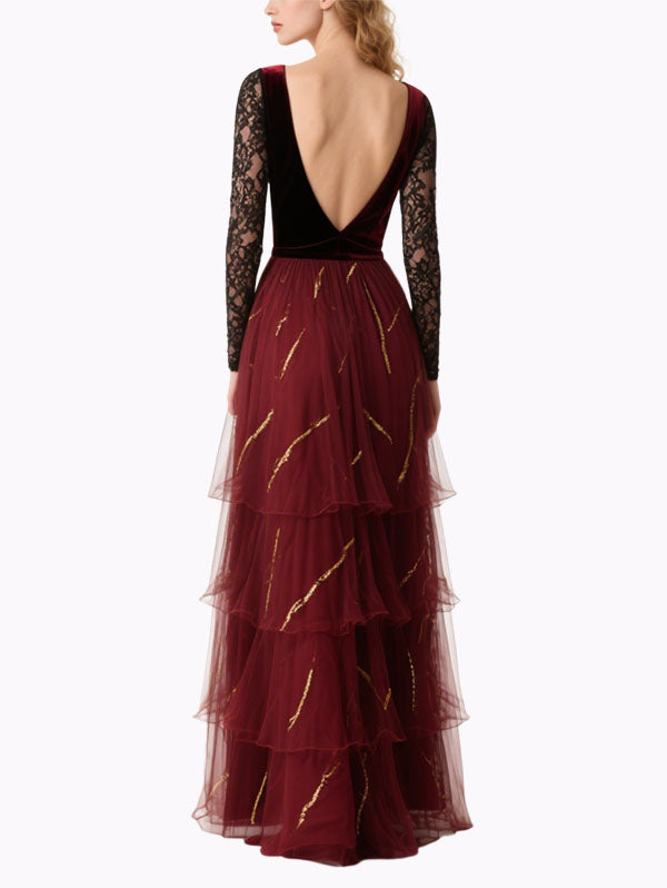 Burgundy Velvet & Lace Gown Tiered Evening Dress