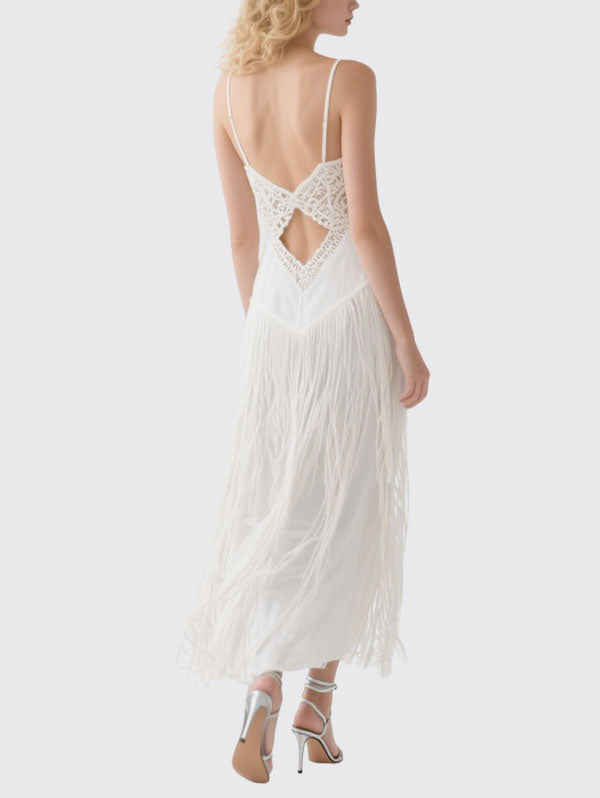 White Crochet Fringe Slit Maxi Dress Boho Summer Dress