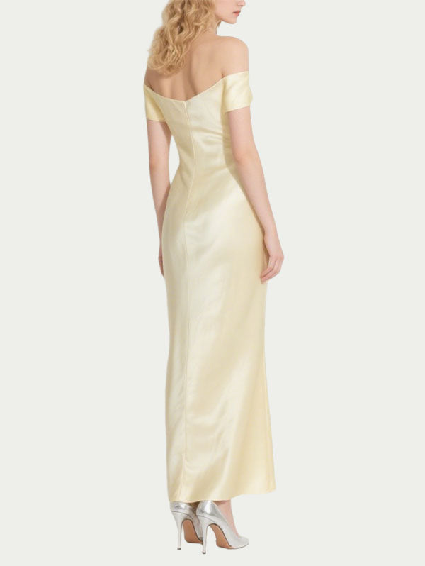 Light Yellow Off Shoulder Satin Gown Formal Maxi Evening Dress