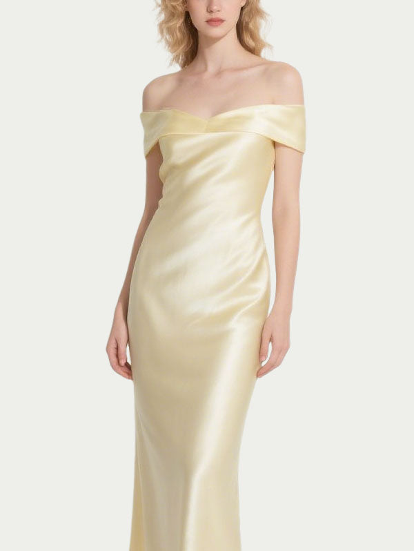 Light Yellow Off Shoulder Satin Gown Formal Maxi Evening Dress