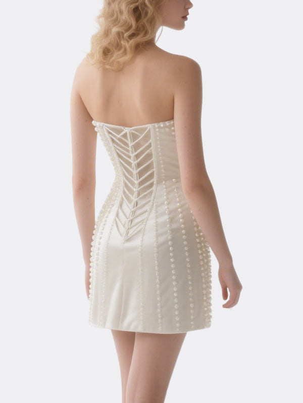 White Pearl Embellished Strapless Mini Dress