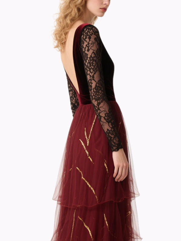 Burgundy Velvet & Lace Gown Tiered Evening Dress