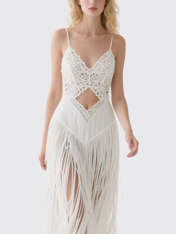 White Crochet Fringe Slit Maxi Dress Boho Summer Dress