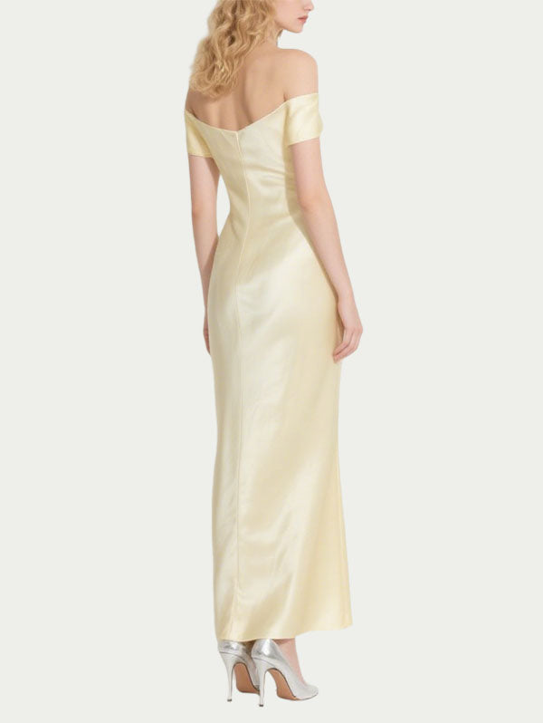 Light Yellow Off Shoulder Satin Gown Formal Maxi Evening Dress