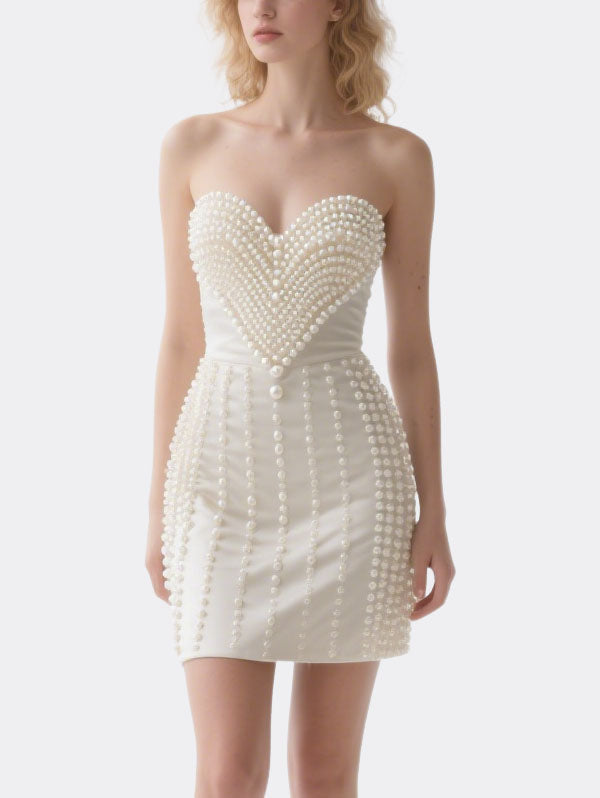 White Pearl Embellished Strapless Mini Dress