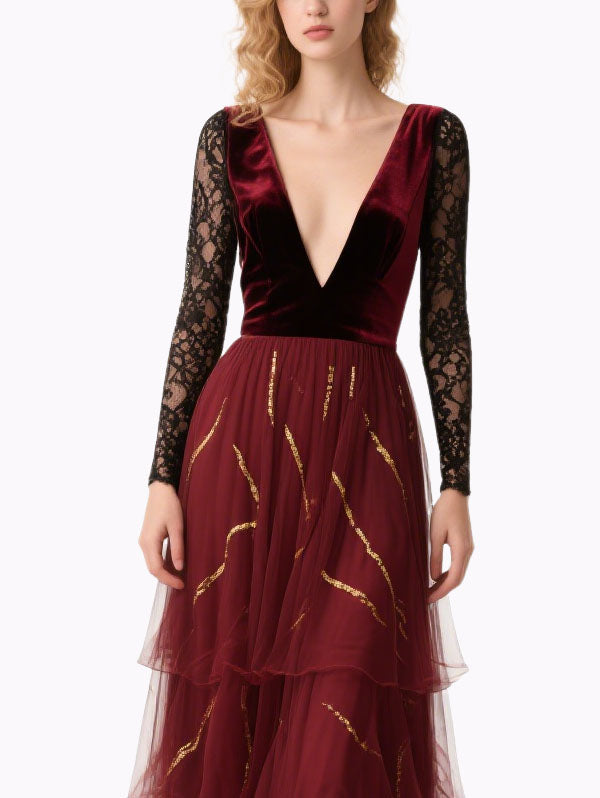 Burgundy Velvet & Lace Gown Tiered Evening Dress