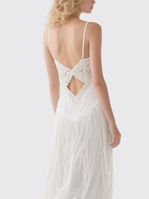 White Crochet Fringe Slit Maxi Dress Boho Summer Dress