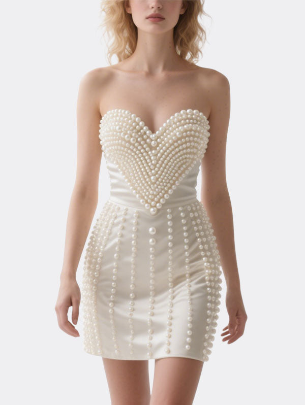 White Pearl Embellished Strapless Mini Dress