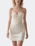 White Pearl Embellished Strapless Mini Dress