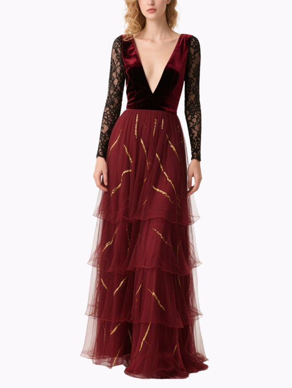 Burgundy Velvet & Lace Gown Tiered Evening Dress