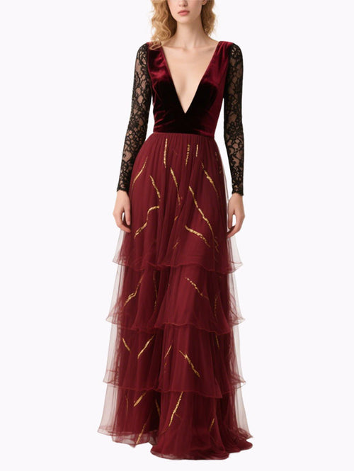 Burgundy Velvet & Lace Gown Tiered Evening Dress