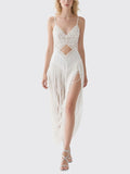 White Crochet Fringe Slit Maxi Dress Boho Summer Dress