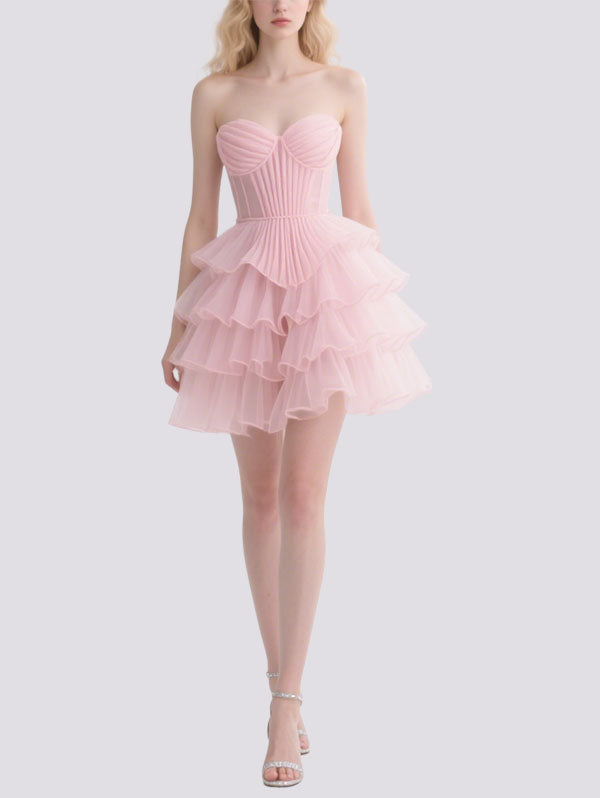 Pink Strapless Tulle Cocktail Dress