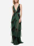 Green Tiered Tulle Gown with Gold & Black Details Plunging V-neck Dress