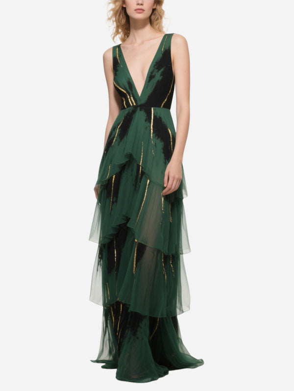 Green Tiered Tulle Gown with Gold & Black Details Plunging V-neck Dress