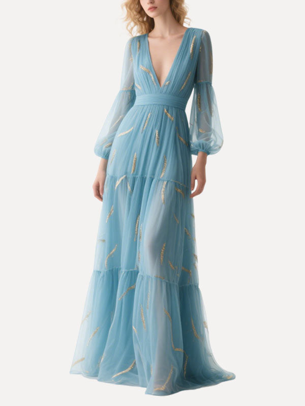 Light Blue Tulle Gown Sheer Sleeve Formal Dress
