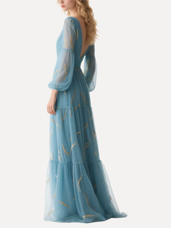 Light Blue Tulle Gown Sheer Sleeve Formal Dress