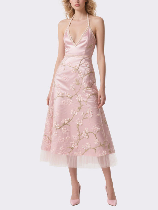 Pink Embroidered Halter Neck Midi Dress Elegant