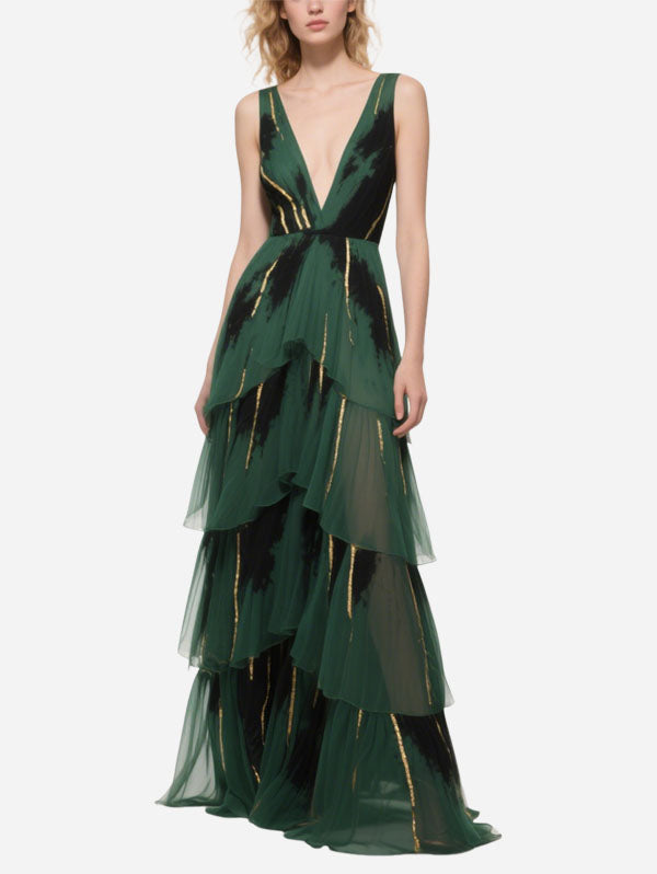 Green Tiered Tulle Gown with Gold & Black Details Plunging V-neck Dress