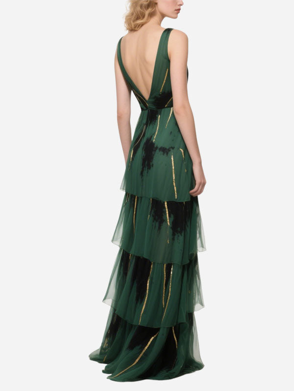 Green Tiered Tulle Gown with Gold & Black Details Plunging V-neck Dress