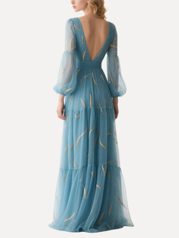 Light Blue Tulle Gown Sheer Sleeve Formal Dress