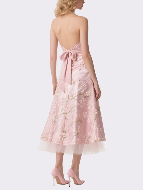Pink Embroidered Halter Neck Midi Dress Elegant