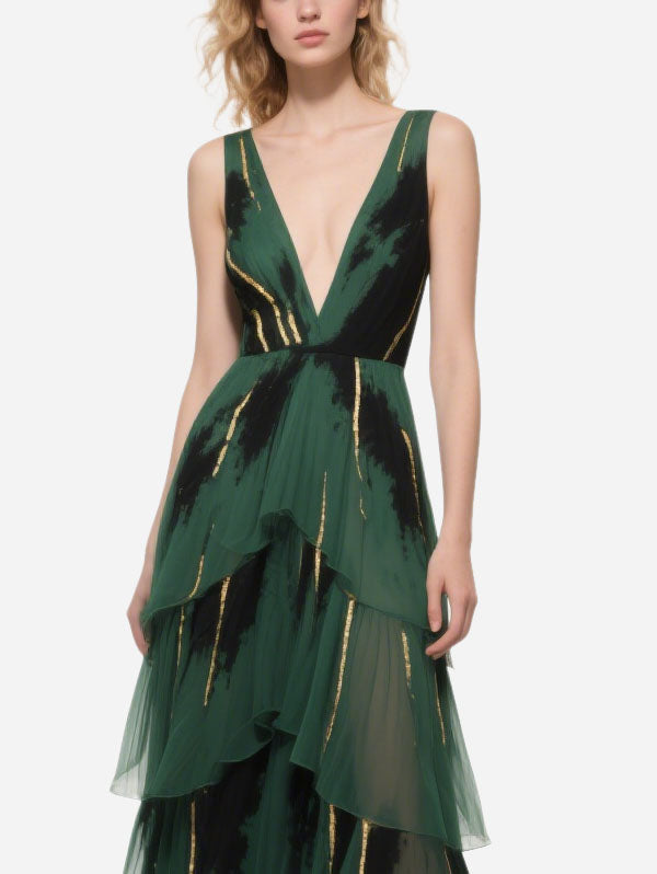 Green Tiered Tulle Gown with Gold & Black Details Plunging V-neck Dress