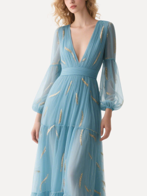 Light Blue Tulle Gown Sheer Sleeve Formal Dress