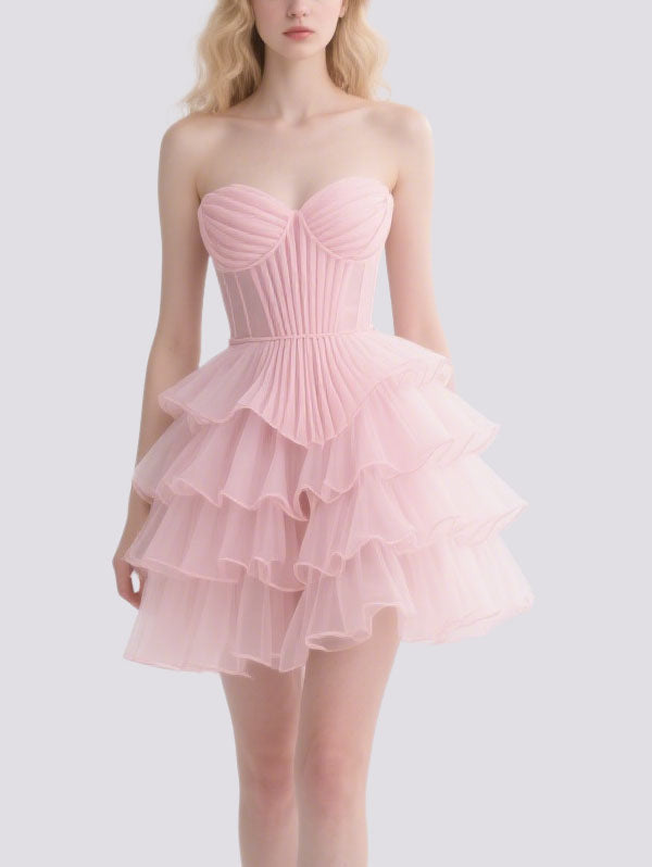 Pink Strapless Tulle Cocktail Dress