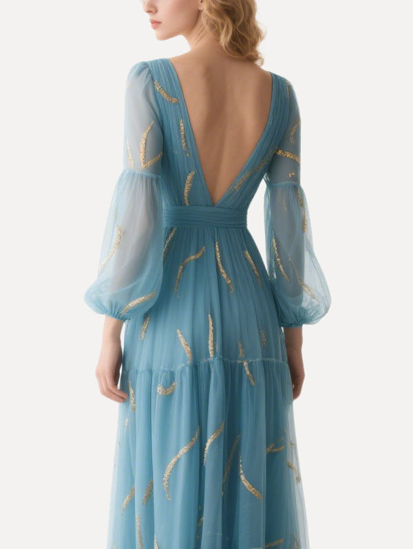Light Blue Tulle Gown Sheer Sleeve Formal Dress