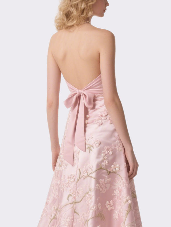 Pink Embroidered Halter Neck Midi Dress Elegant