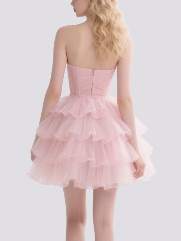 Pink Strapless Tulle Cocktail Dress