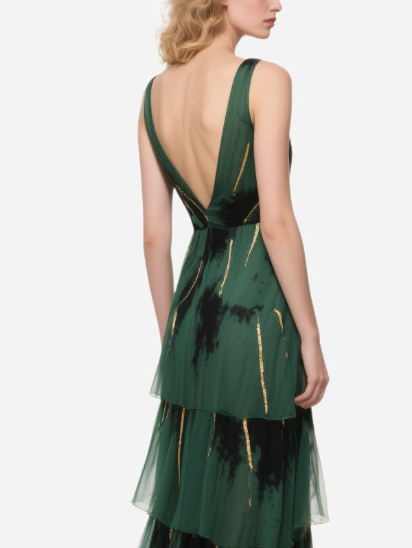Green Tiered Tulle Gown with Gold & Black Details Plunging V-neck Dress