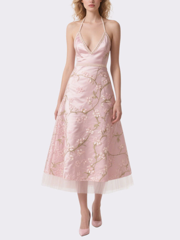 Pink Embroidered Halter Neck Midi Dress Elegant
