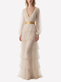 Cream Tulle Tiered Gown Gold Trimmed Formal Evening Dress