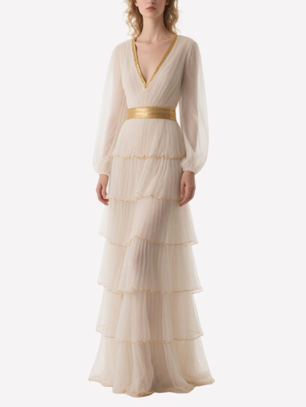 Cream Tulle Tiered Gown Gold Trimmed Formal Evening Dress