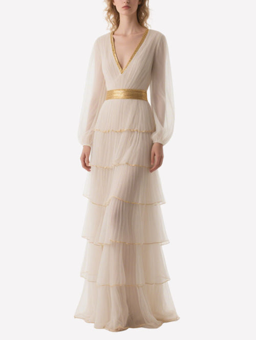 Cream Tulle Tiered Gown Gold Trimmed Formal Evening Dress