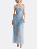 Light Blue Strapless Pearl Embellished Gown Formal Evening Dress