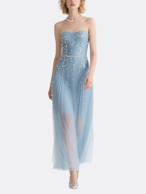 Light Blue Strapless Pearl Embellished Gown Formal Evening Dress