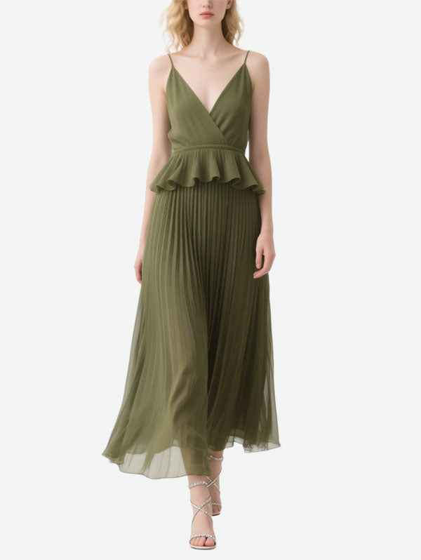 Olive Green Pleated Peplum Maxi Dress Sophisticated Women's Wear