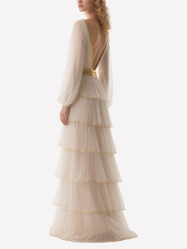 Cream Tulle Tiered Gown Gold Trimmed Formal Evening Dress