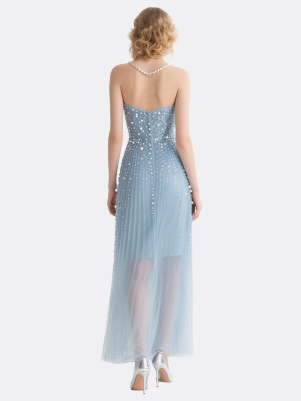 Light Blue Strapless Pearl Embellished Gown Formal Evening Dress