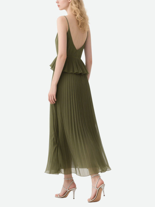 Olive Green Pleated Peplum Maxi Dress Sophisticated Women's Wear